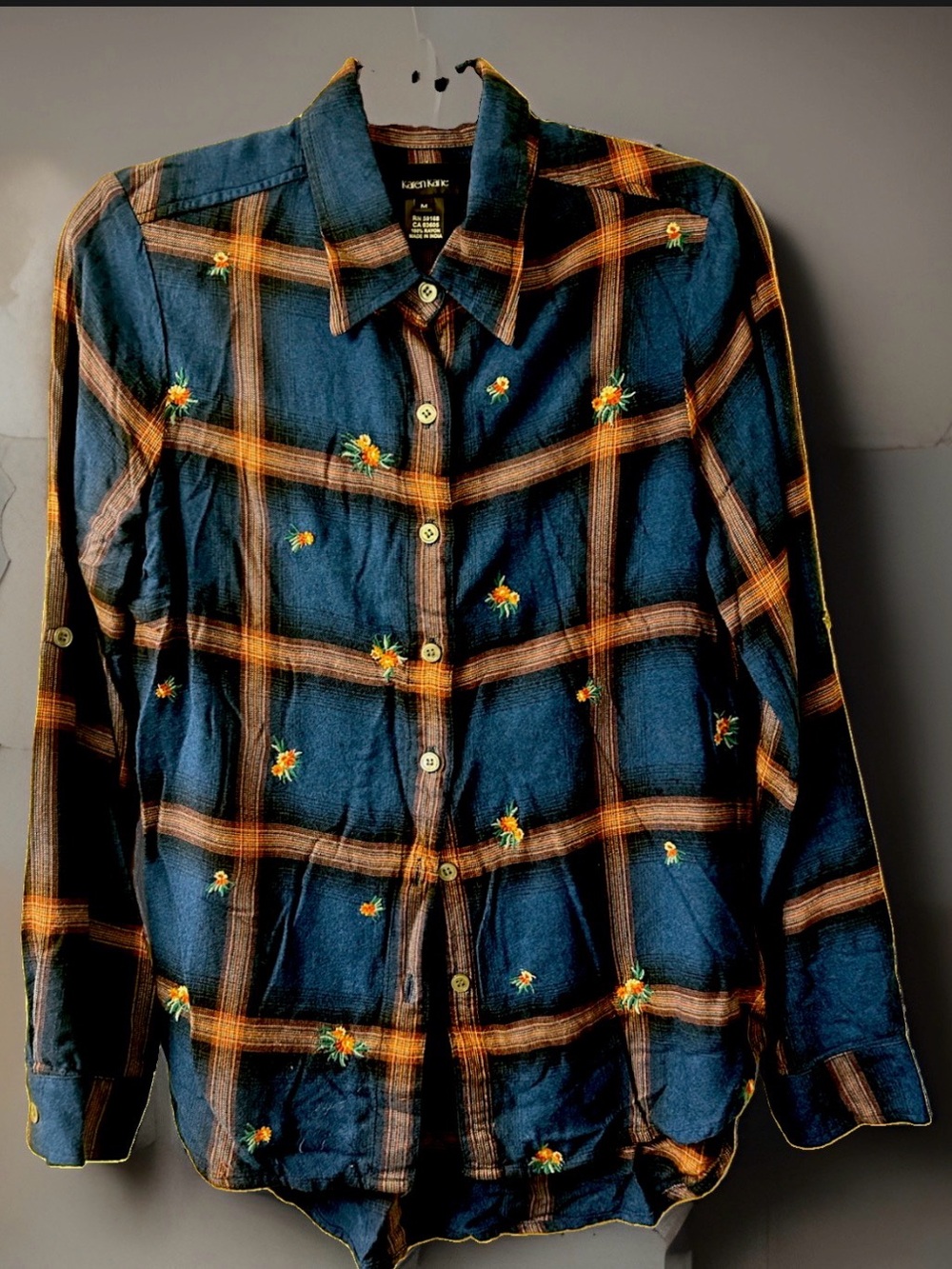Karen Kane Plaid Floral Embroidered Button Down Blouse Blue Orange NWOT M